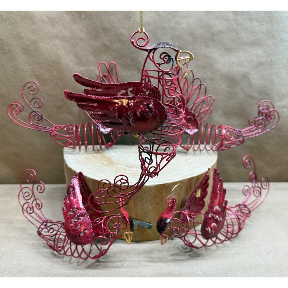 Lot of 5 Red Metal Wire Springy Cardinal Bird Christmas Ornaments Scrolled Tail